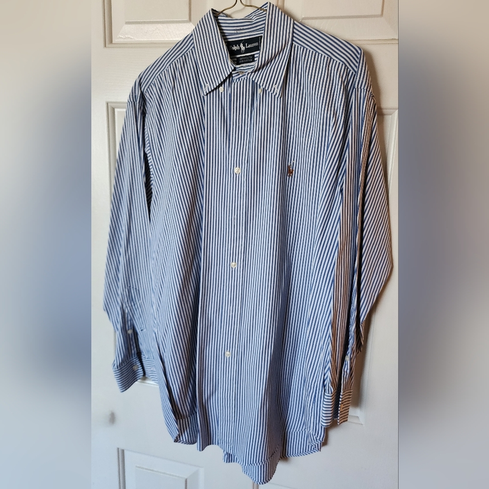 Ralph Lauren Polo Long Sleeved Blue Pinstripe Buttoned Down Shirt Cotton 15 1/2